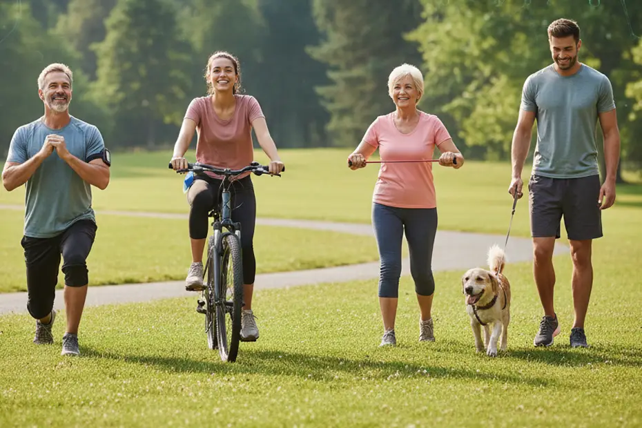 Exercise for People With Diabetes: group of active adults enjoying outdoor activities like cycling, walking, stretching, and walking a dog in the park