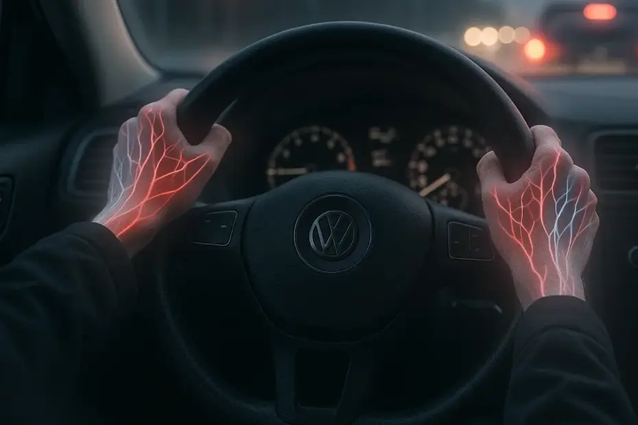 Neuropathy and temperature sensitivity visualized with glowing nerve patterns on hands and foot while driving, showing nerve dysfunction effects.
