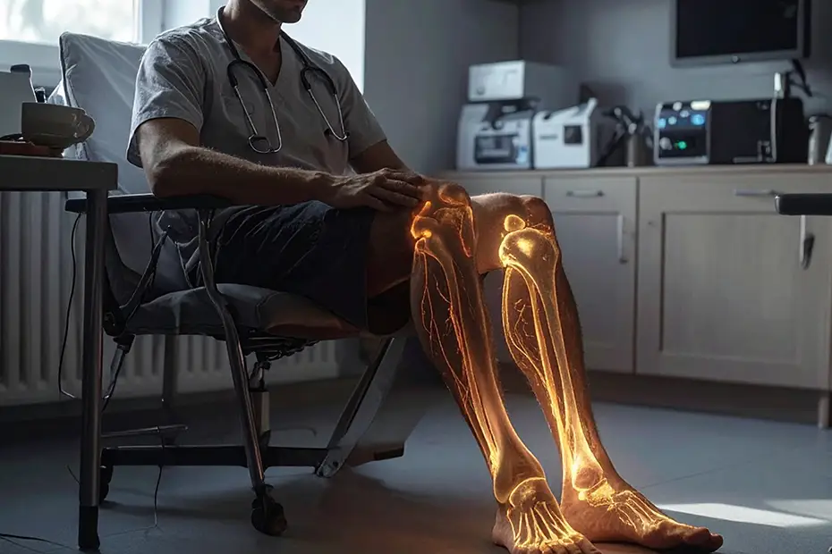 Neuropathy and circulation problems illustrated by a patient in a clinic with glowing leg arteries and nerves, symbolizing poor blood flow and nerve damage.