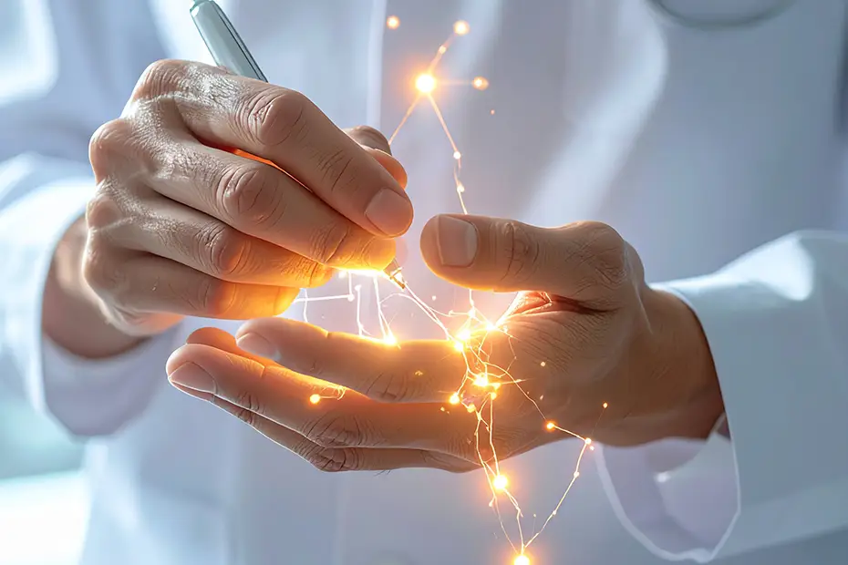 Doctor treating neuropathy in the hand, showing nerves with glowing effects as part of neuropathy treatment