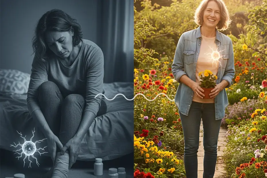Emotional toll of neuropathy shown by a woman suffering from nerve pain at home and later regaining joy and quality of life in a colorful garden.