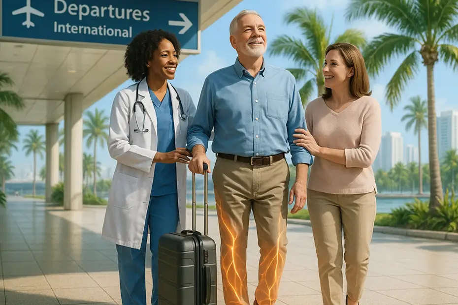 Traveling with neuropathy – happy senior man walking with suitcase, supported by doctor and companion, symbolizing safe travel and improved mobility.
